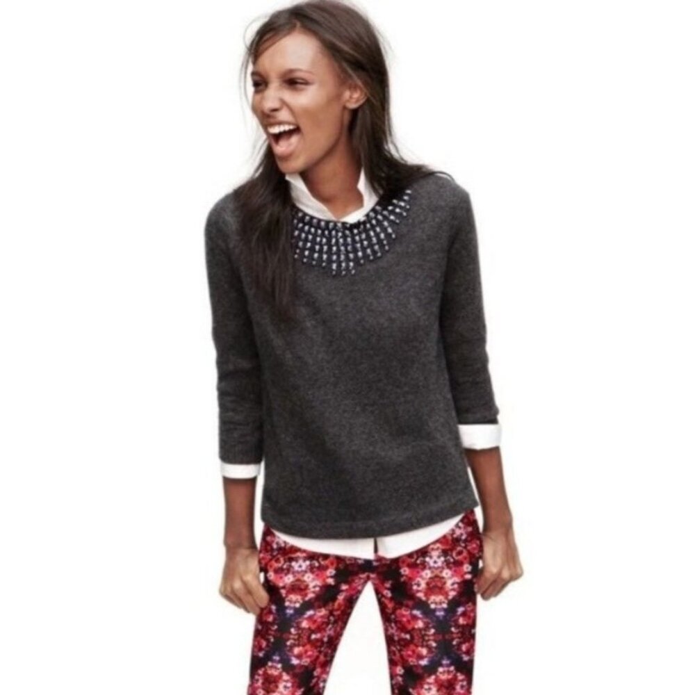 J. Crew Jeweled Starburst Beaded Sweater Medium Gray Wool, Rabbit Hair